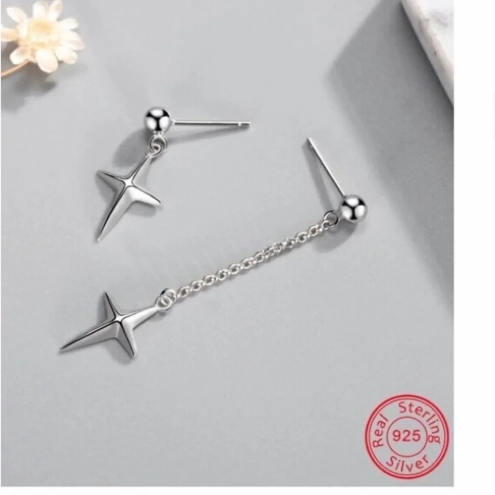 Asymmetric Cross Drop Earring 925 Sterling Silver Chain Dangle Earring Long